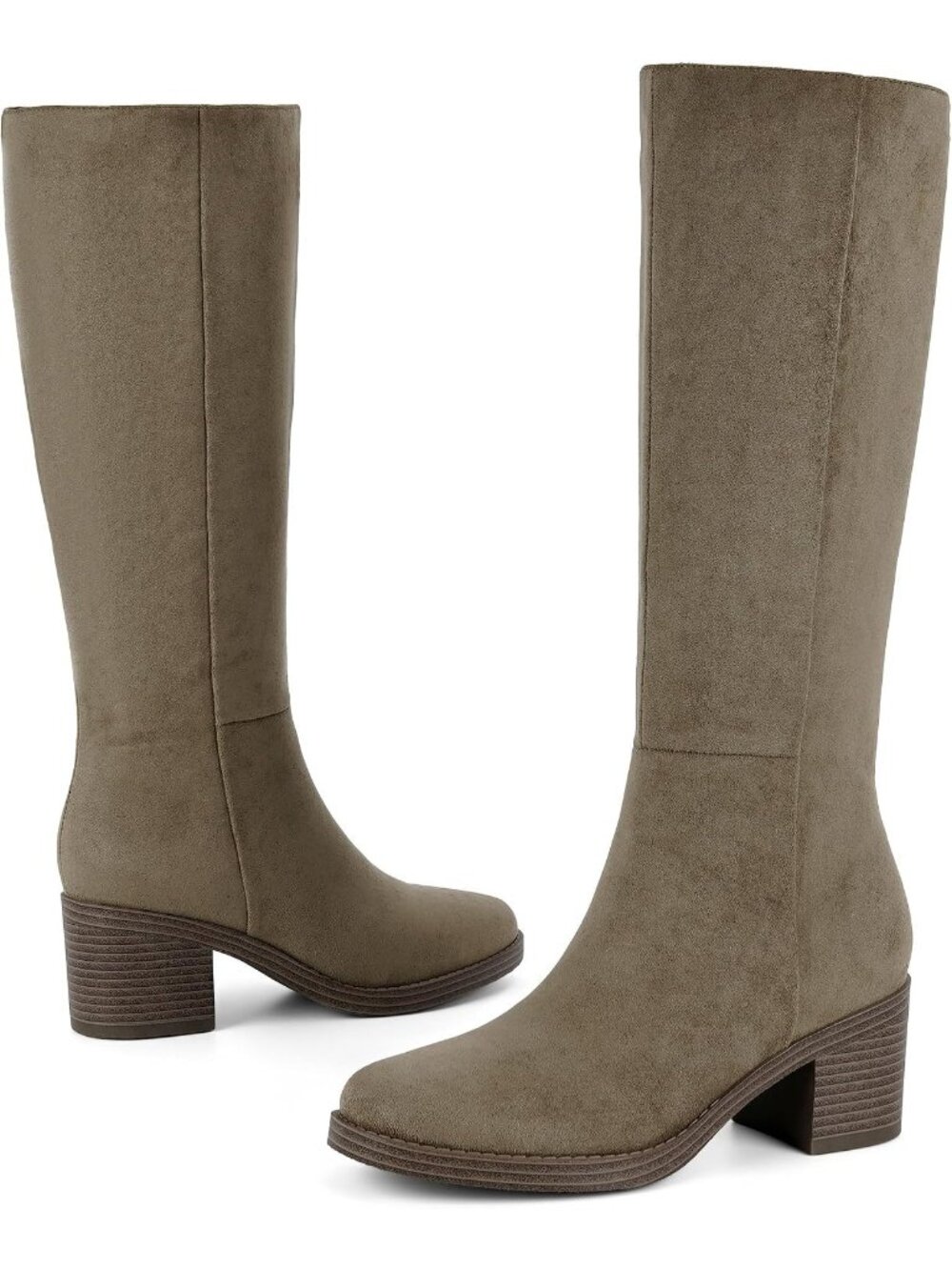 Women's Olive Suede Knee High Boots Chunky Low Block Heel Round Toe Boots - Picture 5 of 7